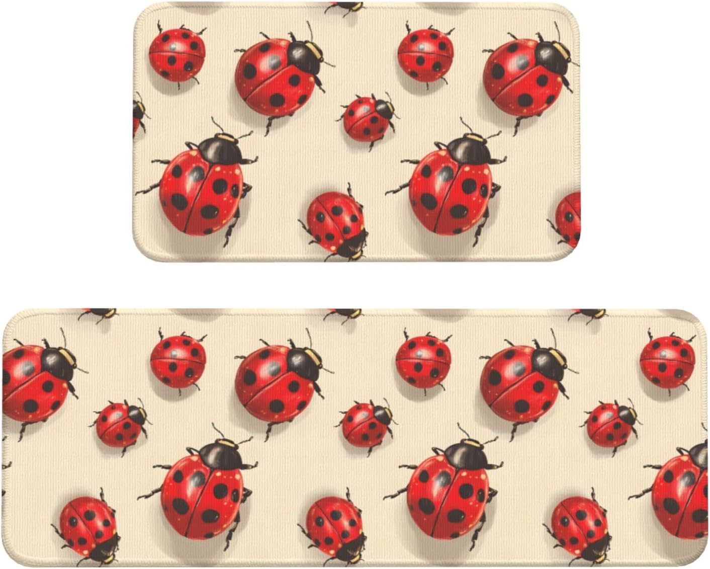 Cute Red Coccinellidae Print Kitchen Rugs Sets of 2 Non Slip Washable, Anti Fatigue Kitchen Mats for Floor, Home Decor