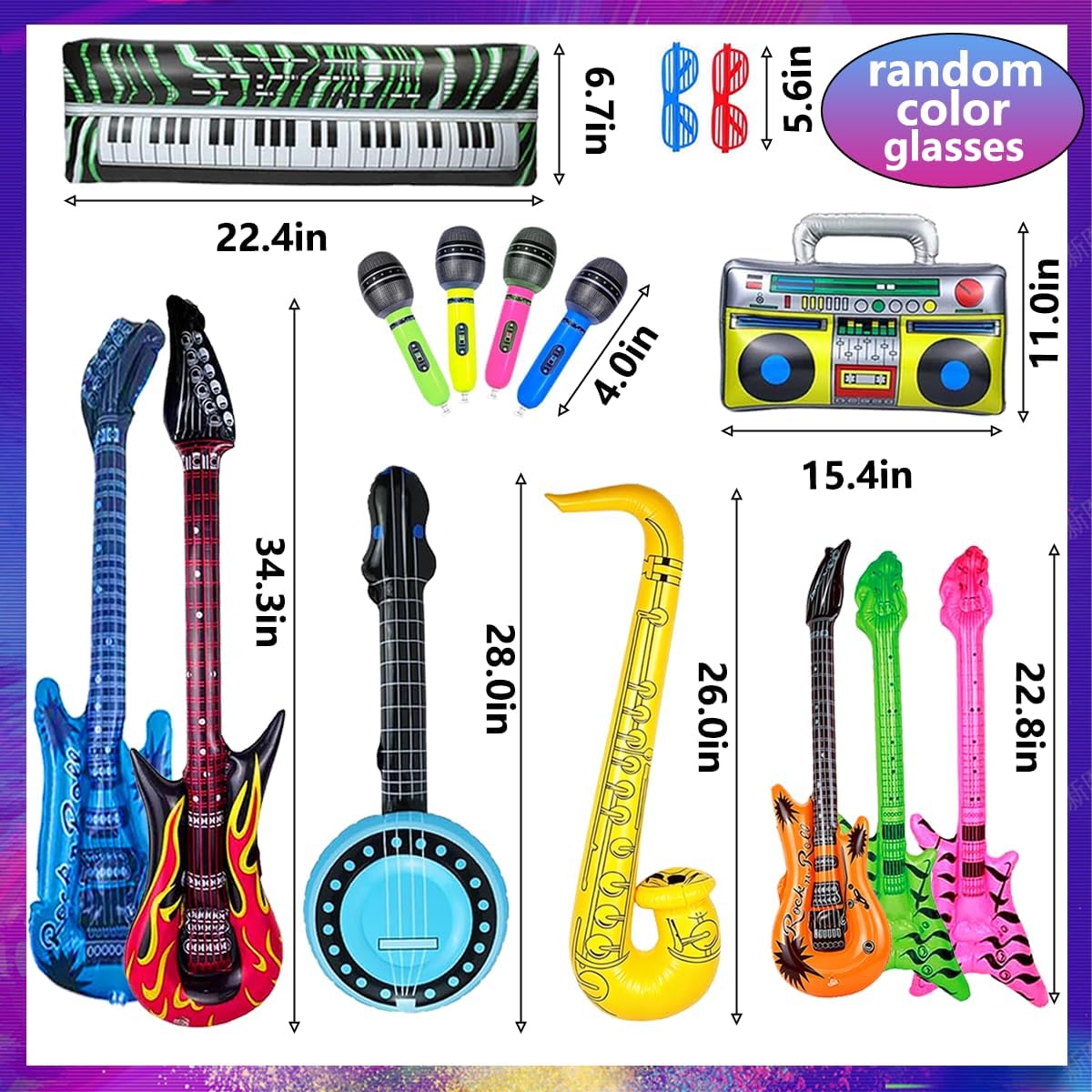 15 Pieces Inflatable Rock Star Toy Set, Guitar Bass Box Microphone Piano Instruments Party Props for 80s 90s Party Vintage Decorations, Rock and Roll Party Favors Supplies