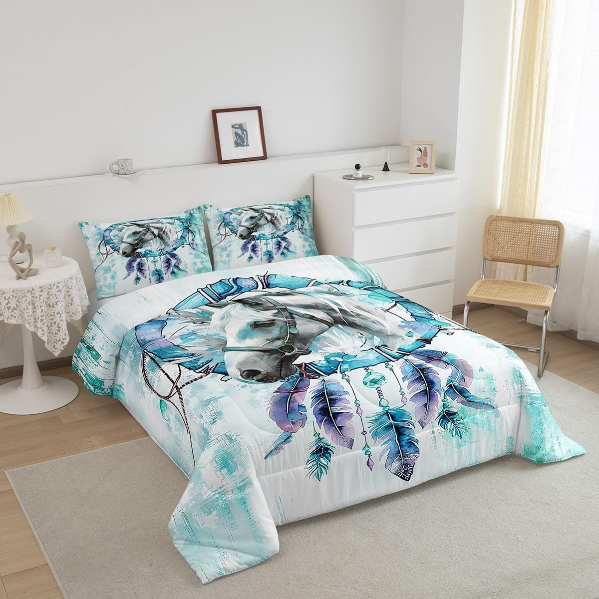 Erosebridal Safari Horse Twin Comforter Set for Kids Boys Girls Farm Animal Bedding Set Twin, Bohemian Dreamcatcher Bedding Comforter Sets Teal Ombre Duvet Set, Tribal Feather Quilted Comforter