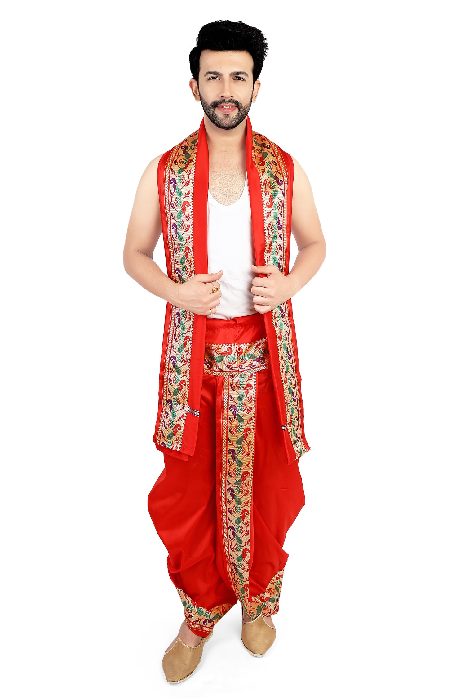 Ready to Wear Paithani Silk Dhoti With Dupatta For Men Wedding, Pooja And Traditional Function Use It [Red, Waist - Free Size And Height 42 Inches]-image-24