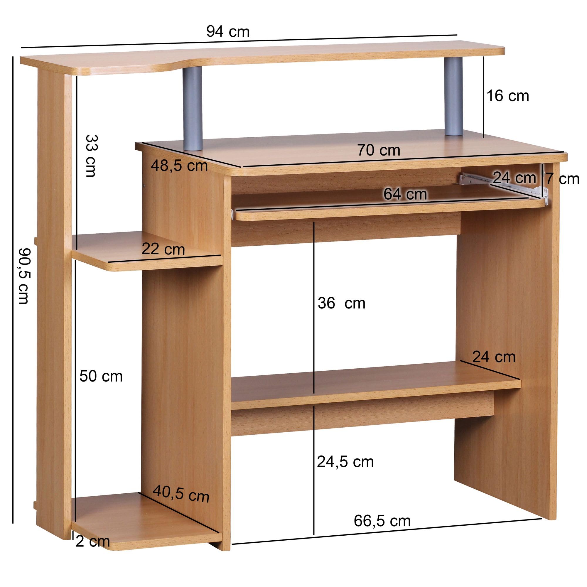 Wohnling Computertisch WL1.163 Buche 94x90,5x48,5 cm Laptop Tisch Modern mit Tastaturauszug, PC-Tisch mit Drucker-Ablage platzsparend, Schreibtisch für kleine Räume mit Ablage, Laptoptisch Klein