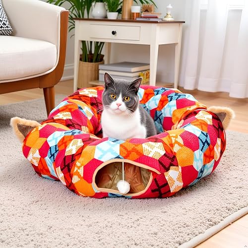Vista 14 de AUOON Cama de túnel para gatos con alfombrilla central, juguetes de tubo grande, material de felpa suave, forma de luna llena para gatitos, gatos