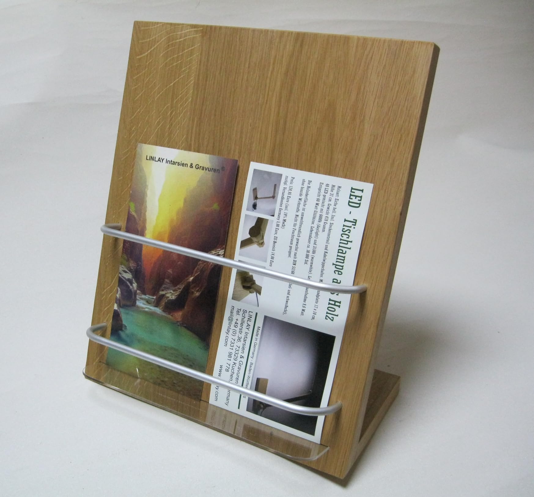 LINLAY Intarsien & Gravuren DIN A4 Flyerhalter robust Holz Alu Acryl Prospektständer Flyerständer Prospekthalter