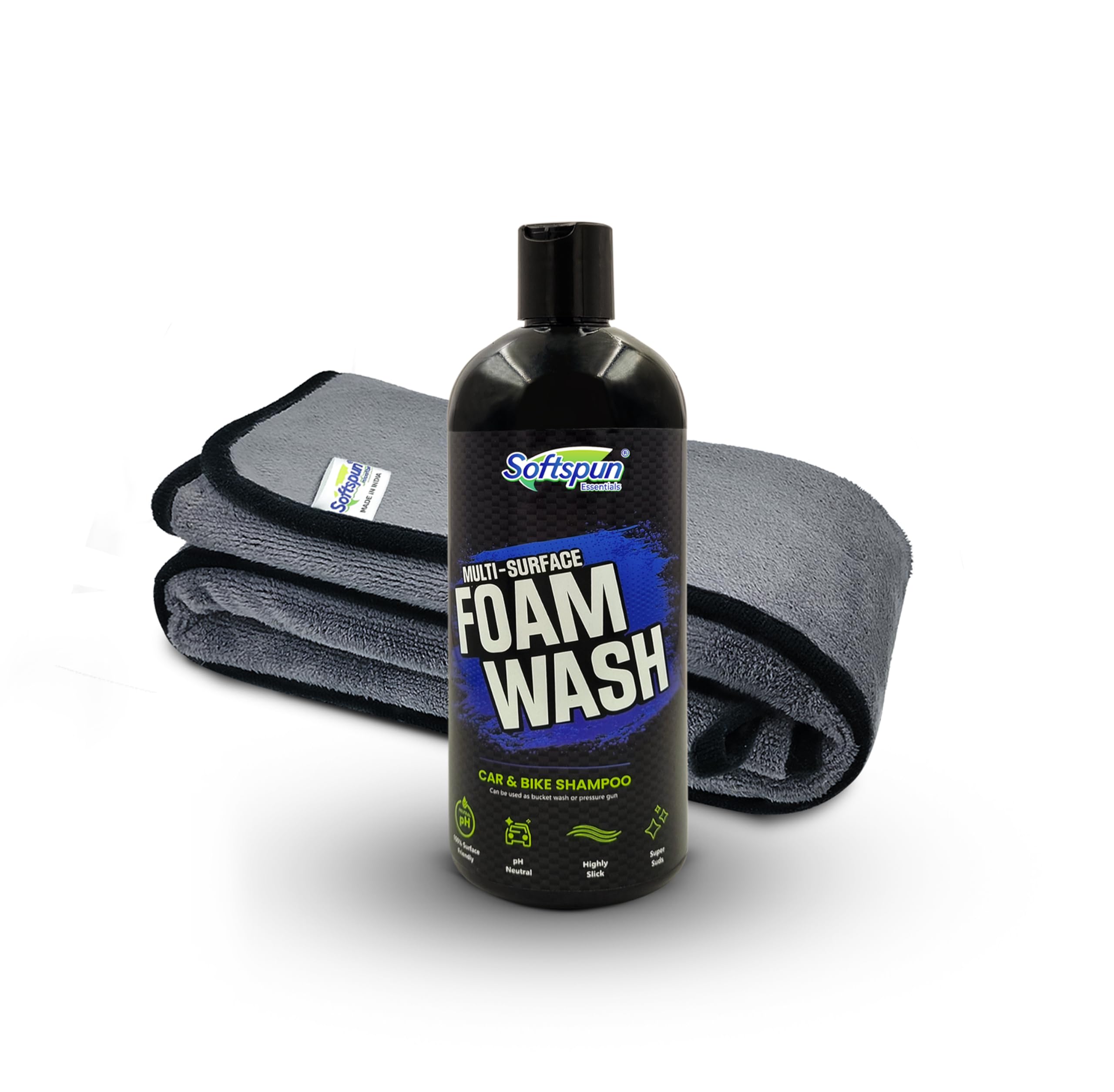SOFTSPUN Microfiber & Car Shampoo Combo | 500 gsm 35x75cm 1 Pc Grey+500mL Car & Bike Premium Liquid Shampoo | Thick Foam, Removes Tough Dirt & Grime | pH Neutral | Works with Bucket & Foam Cannon.-image-10