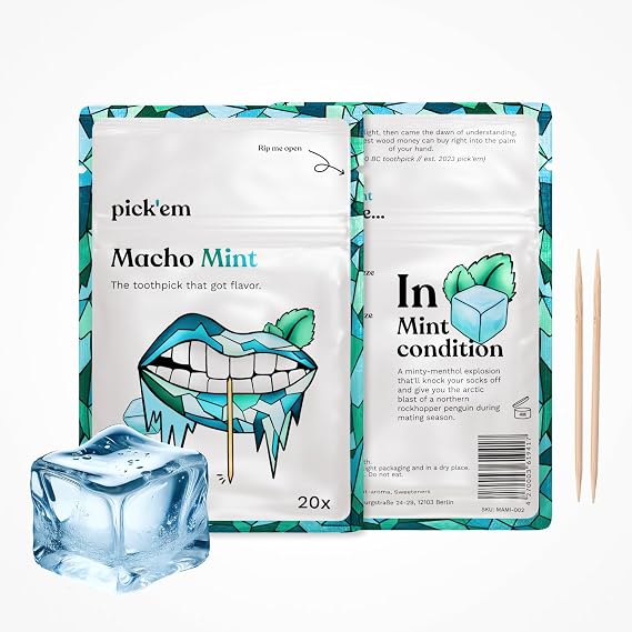 pick'em flavoured toothpicks Macho Mint [TRIPLE PACK] - 60x flavoured toothpicks - the lifestyle alternative to chewing gum (icy & minty flavour) - toothpicks with flavour - toothpicks wooden
