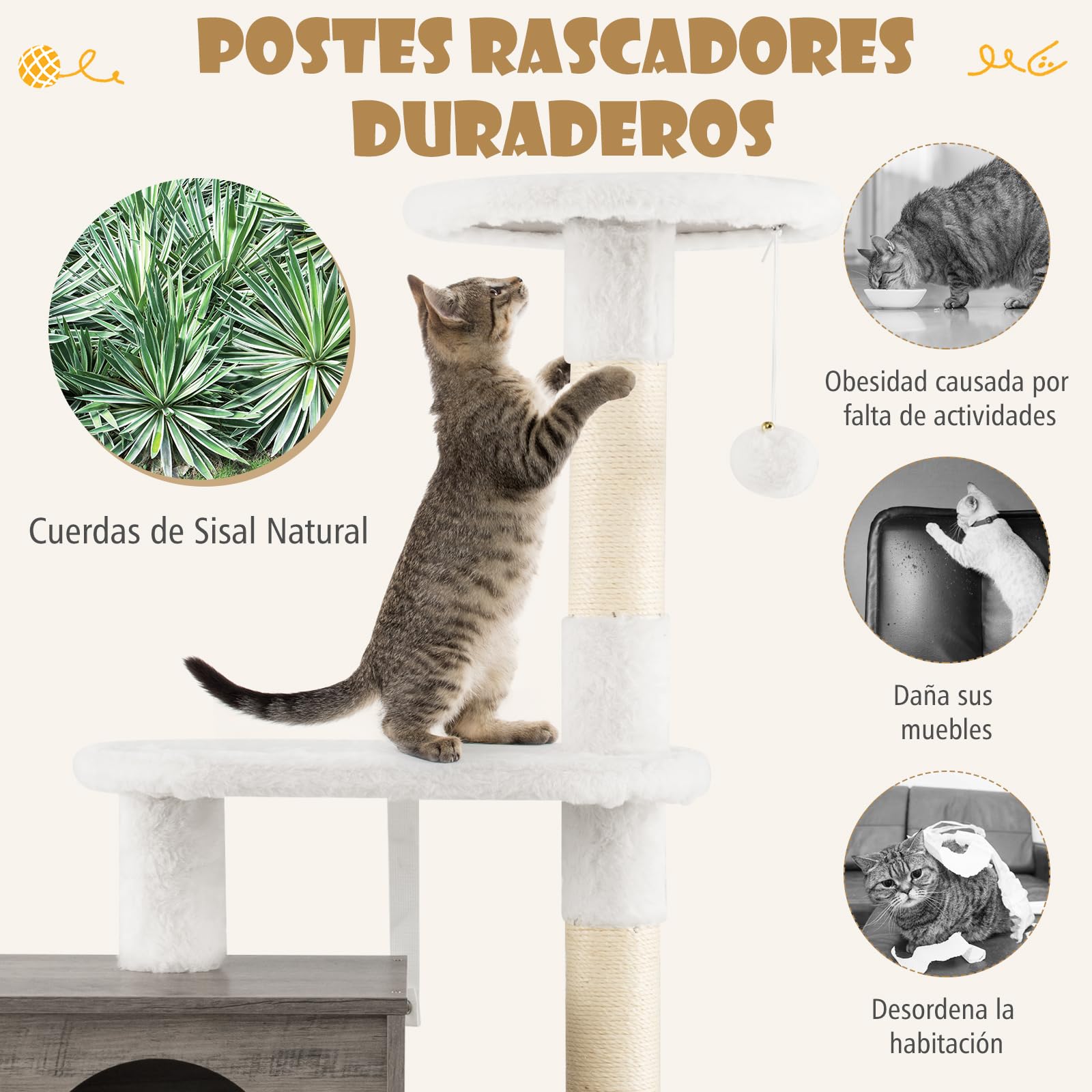 COSTWAY 3 en 1 Rascador para Gatos con Nido y Caja de Arena, Árbol Estable de 3 Niveles con 2 Postes de Sisal, 2 Plataformas y Juguete Colgante (Gris Oscuro)