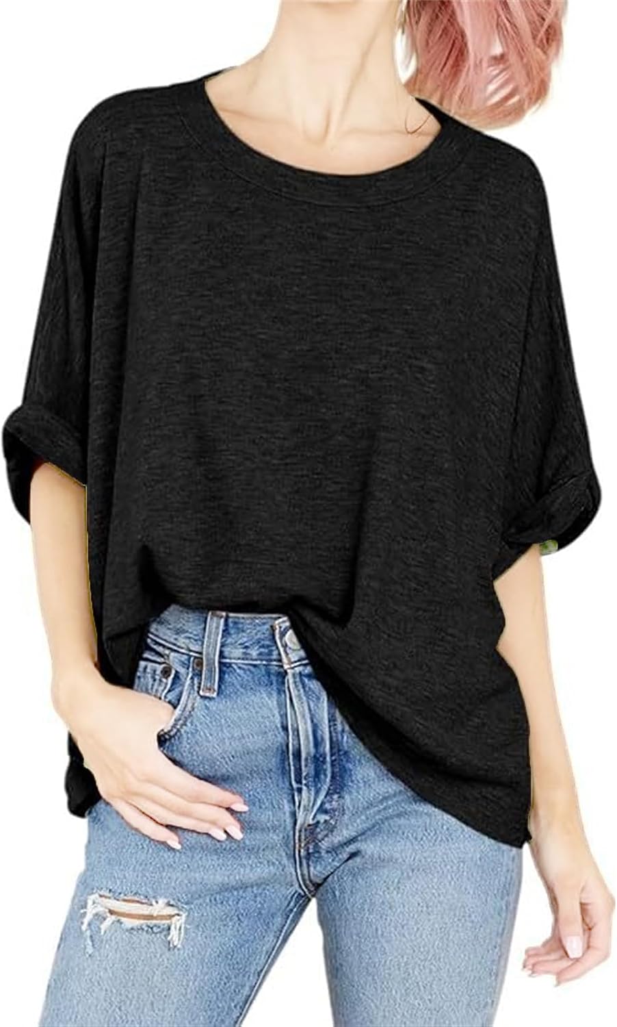 Womens Oversized Short Sleeve T-Shirt Summer Casual Crew Neck Tunic Tops Solid Color Loose Basic Tee Shirt