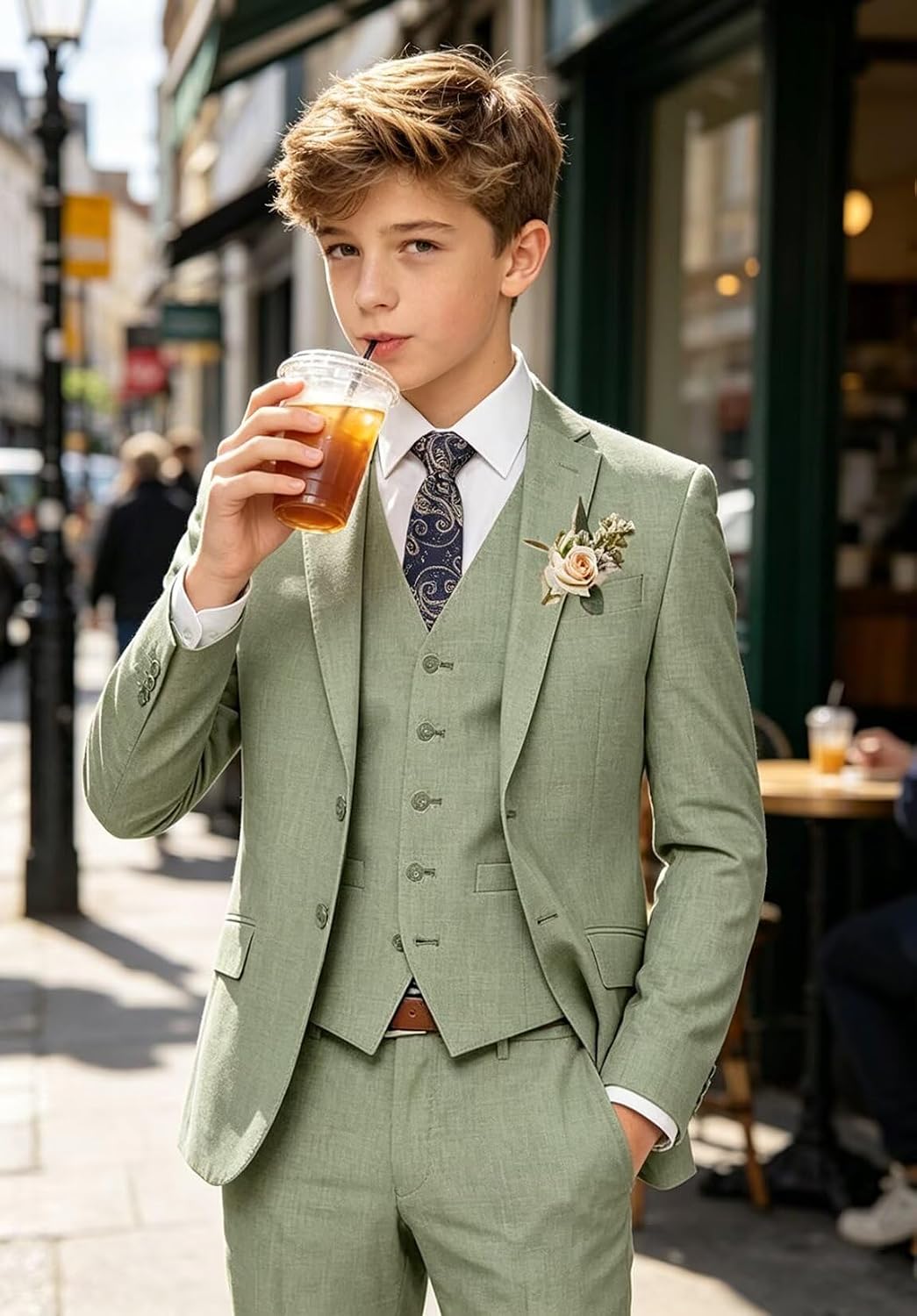 Boys Linen Suits for Kids Summer Outfit Slim Fit Wedding Tuxedo 5 Piece Set