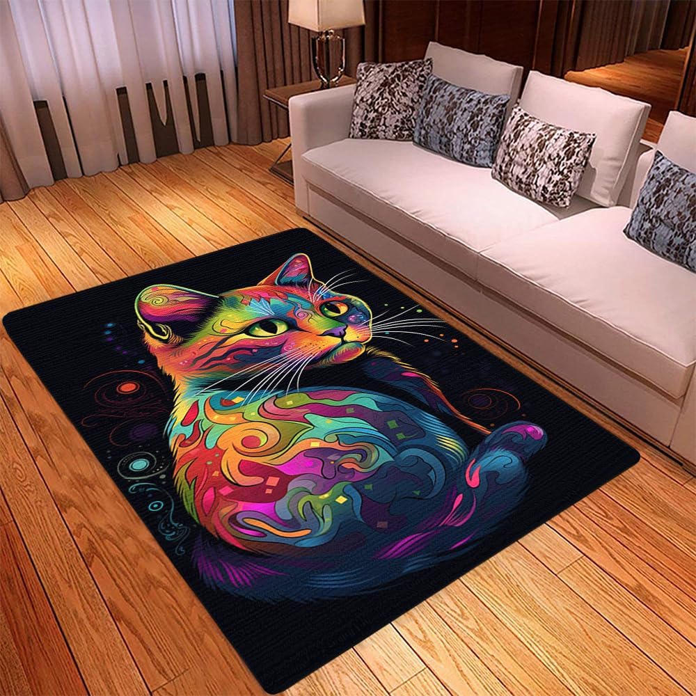 Colorful Cat Bathroom Rug - Customized Cat Rug for Living Room - Cute Cat Area Rugs, Blue Cat Rug for Bathroom Non-Slip Soft Absorbent Machine-Washable Cat Outdoor Rug for Cat Lovers Cat Outdoor Rug
