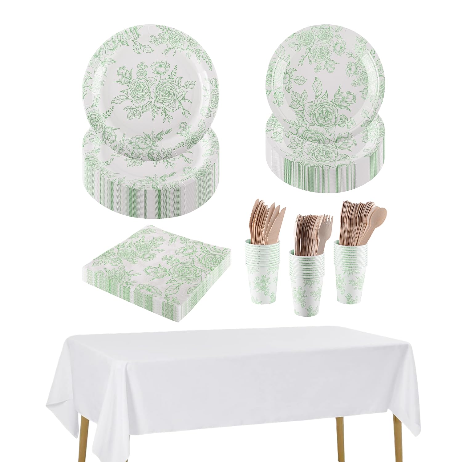 CEILIWEN 212PCS Sage Green Floral Party Set - 30 Guests Paper Tableware Set Includes Plates, Cups, Napkins, Cutlery & Tablecloths for Elegant Afternoon Tea, Wedding, Birthday (Sage Green)