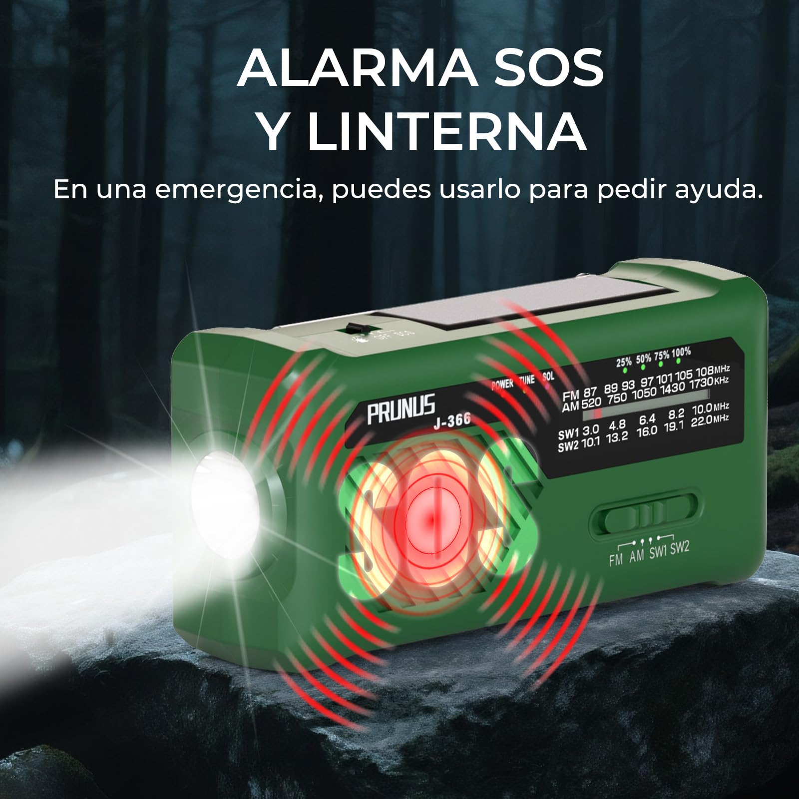 PRUNUS J-366 FM/Am/SW Radio Emergencia Solar Dinamo, Transistor Radio a Pilas AAA, Radios Portatil Pequeña Recargable con Banco Energía de 2000 mAh, Cable de Carga 3 en1, Linterna, Alarma SOS (Verde)