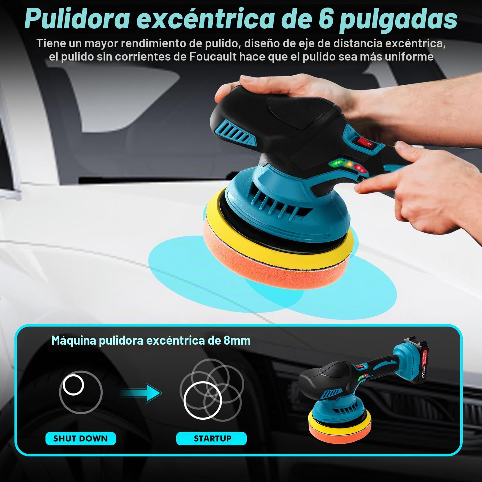 Pulidora Inalámbrica 21V, Máquina de Pulir y Encerar Coches, 6 Velocidades Variables Pulir de 5500 RPM, Pulidora para Encerar y Eliminar Arañazos del Coche, con 2 Baterías y Accesorios