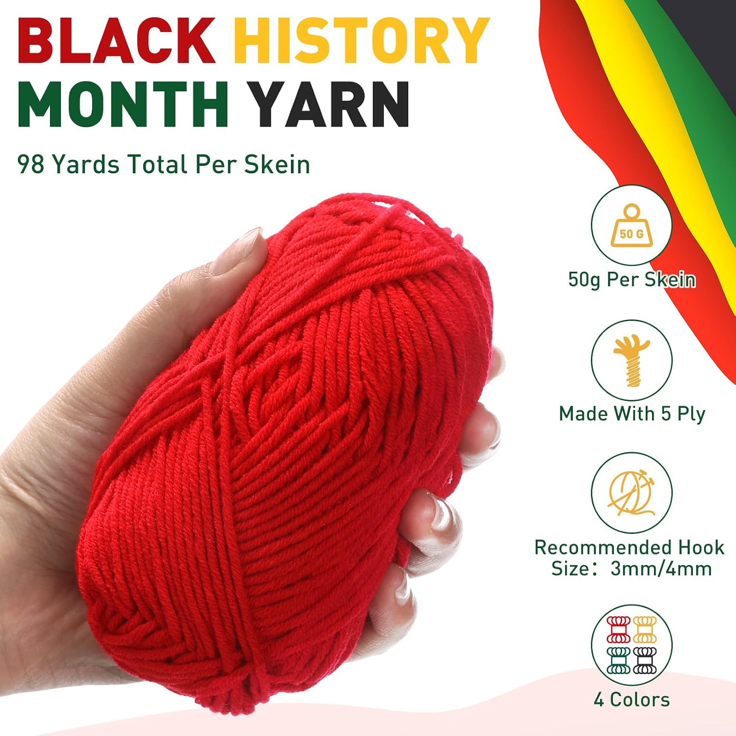 Threlaco 12 Pcs Juneteenth Skeins Yarn for Knitting Red Yellow Green Black Cotton Milk Yarn DIY Crafts Gift African American Decoration for Freedom Day Black History Month Kwanzaa Party Supplies