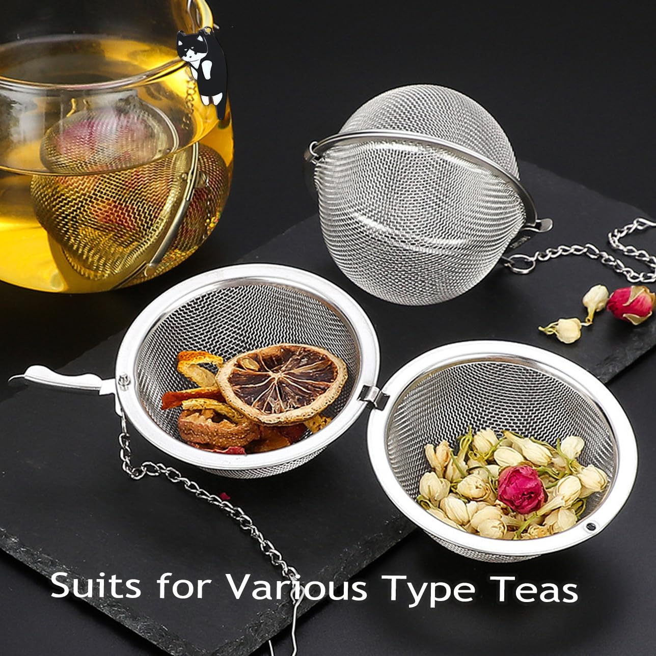 Cat Tea Infuser, 2 Pcs Cute Tea Diffuser Stainless Steel Mesh Loose Leaf Tea Infusers Tea Ball Strainers with Cat Pendants (Black&Orange Cats)