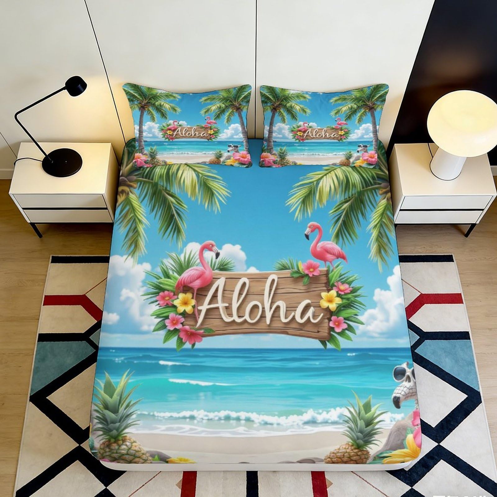 Jqzkxnhpbr Style-2 3D Printed Tropical Beach Fitted Sheet Microfiber Soft Flamingo Palm Mattress Cover For Bedroom Guest Room Decor 90X200x25cm