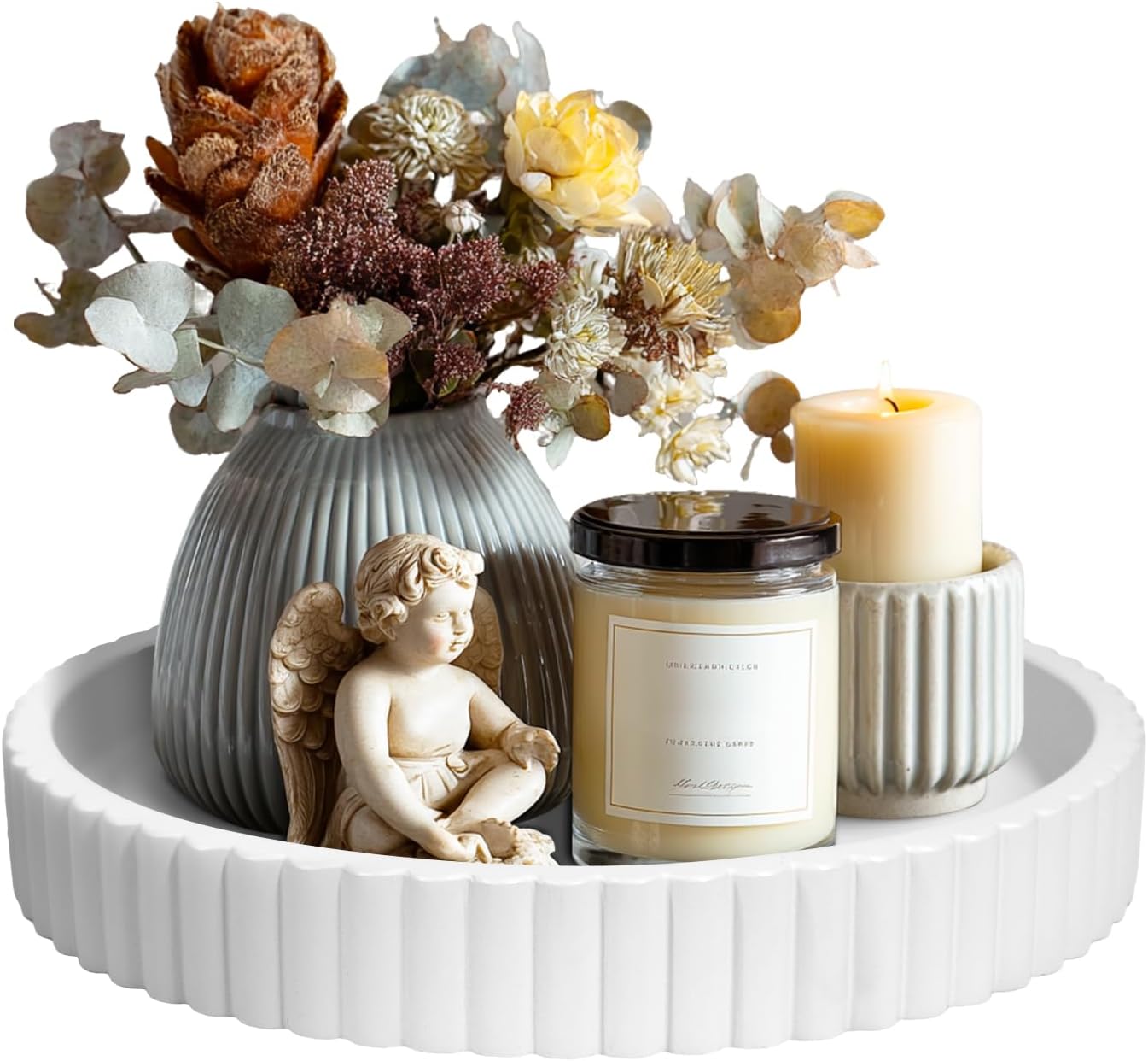 MAONAME Concrete Bathroom Vanity Tray, 11" Modern Gray Round Stone Tray, Small Decorative Trays, Dresser Organizer Trays for Home Decor, Living Room