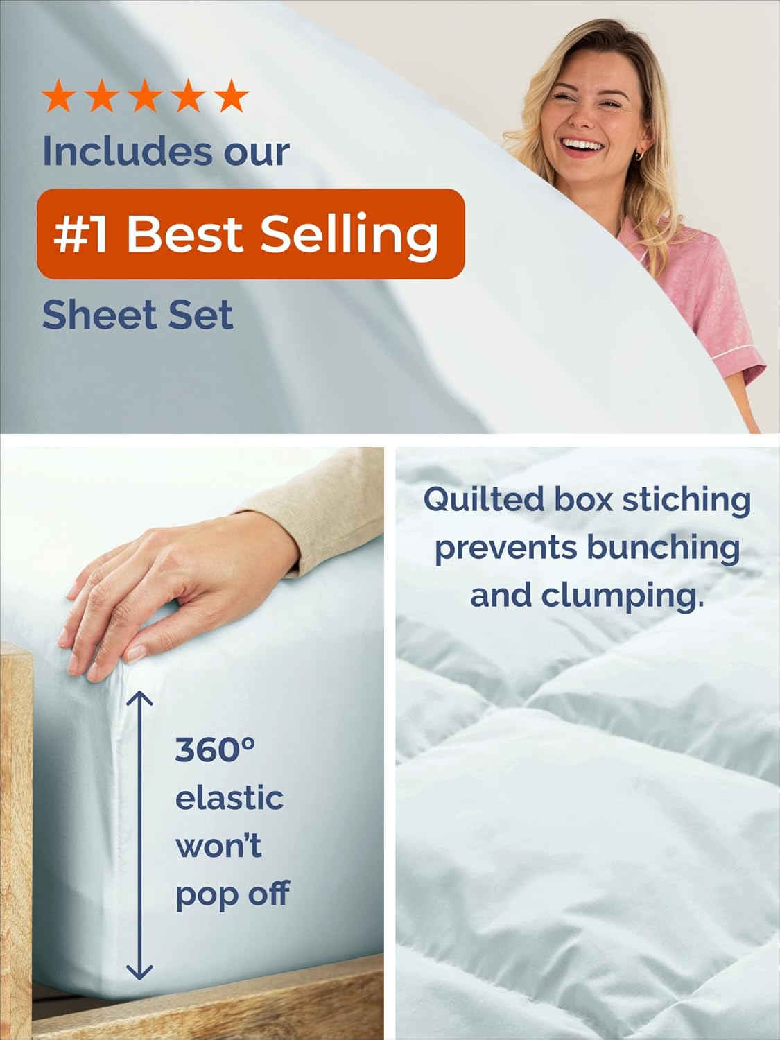 Queen Comforter Set - 3 Piece Bed Set for All Seasons - 1 Soft Quilted Comforter with Corner Tabs & 2 Pillow Shams - Comfy & Breathable - Premium Down Duvet Insert - Oeko-TEX - Queen Size, Ice Blue