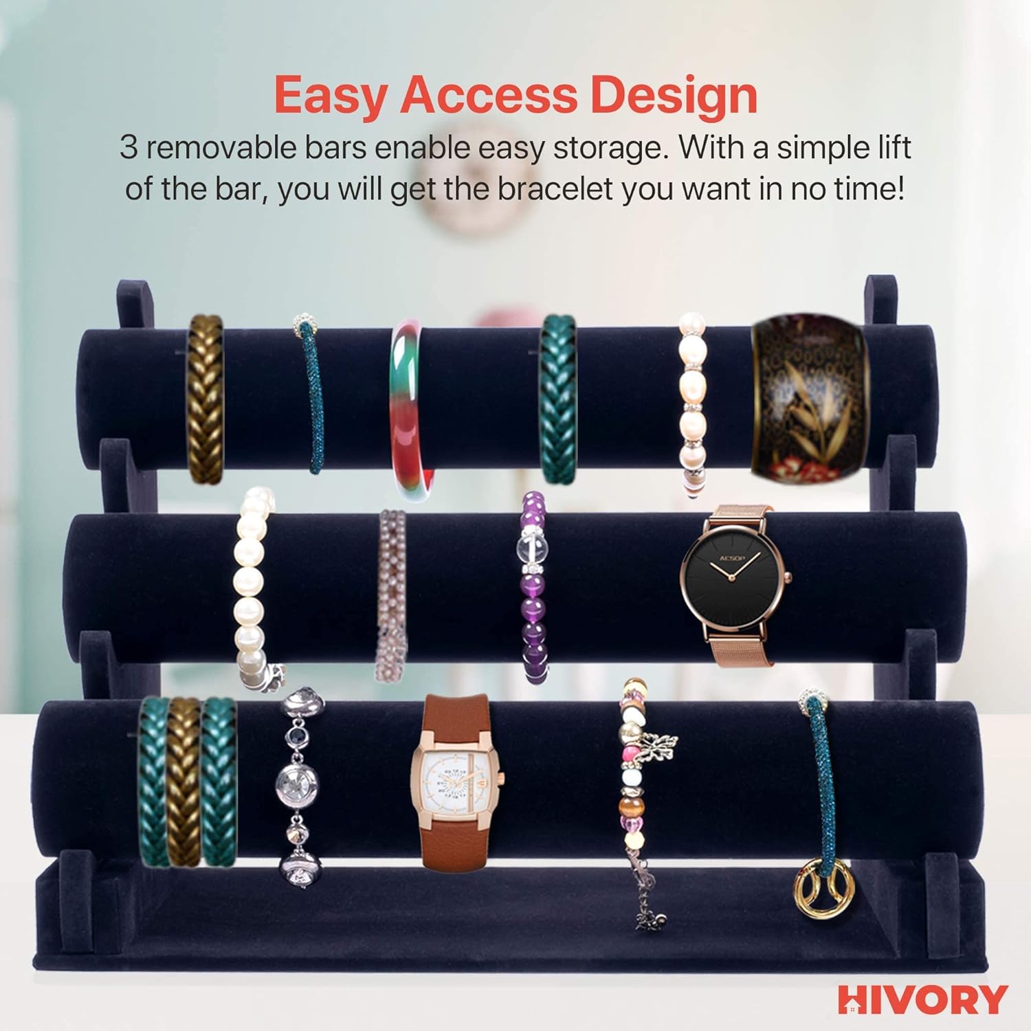 Bracelet Holder with Three Tier Racks ~ Velvet Bracelet Bangle Stand ~ Jewelry Organizer ~ Bangle Display ~ Jewelry Organizer for Wrist Watch, Bangles, Scrunchies and Bracelet (Black - 3 Tier Stand) : Clothing, Shoes & Jewelry