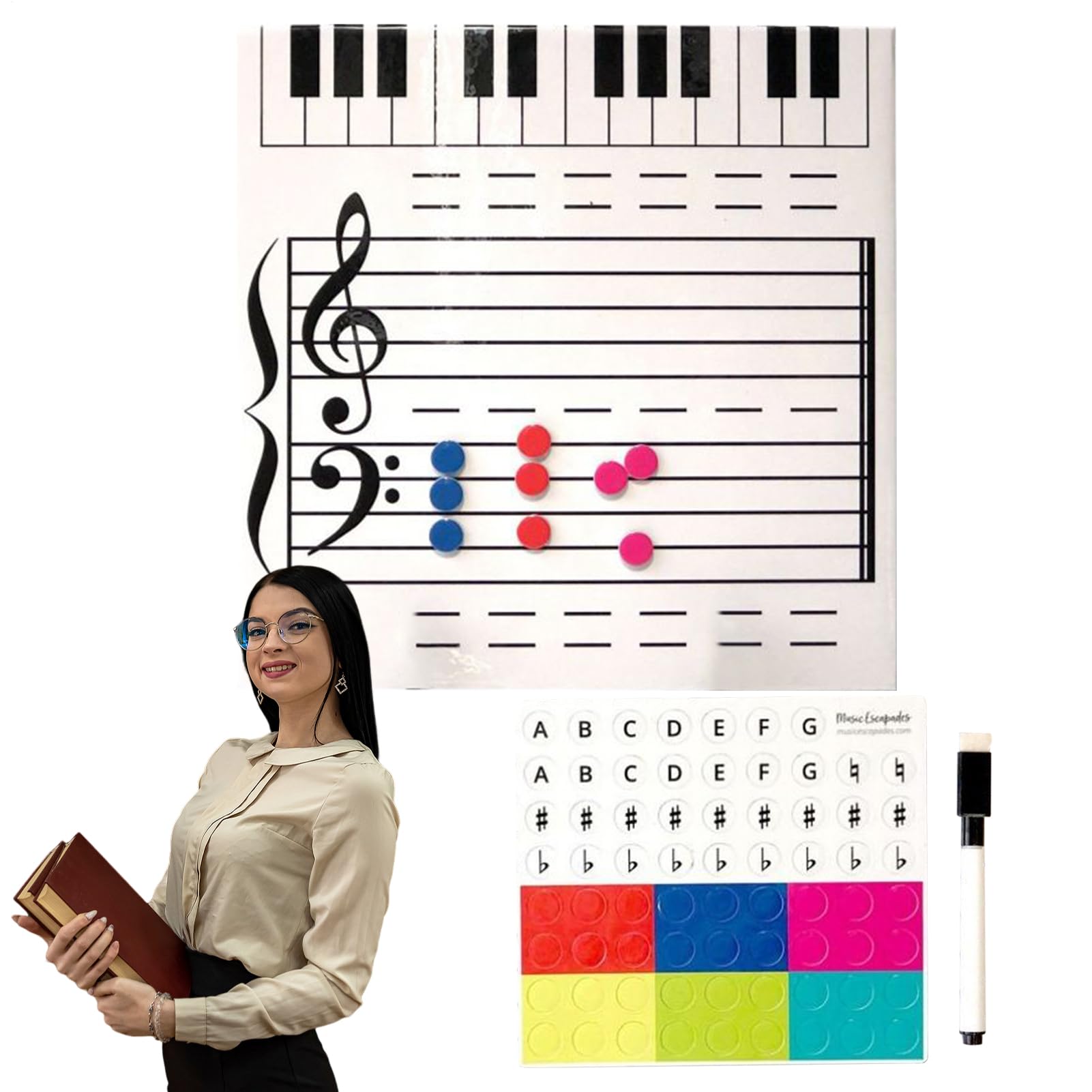 Magnetisches Musikpersonal Whiteboard - Doppelseitiges, trocken abwischbares Klavierlehrbrett mit Marker, große wiederverwendbare Notentafel für Schüler, Klassenzimmer und Musiklehrer