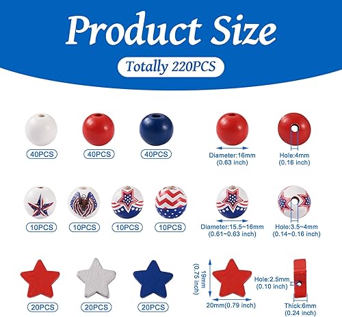Miniatura 5 de Pandahall - 220 cuentas de madera para el Día de la Independencia del 4 de julio de 0.59 a 0.630 pulgadas (0.591-0.630 in), bolas redondas de madera