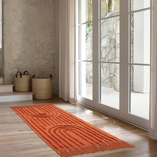 Miniatura 4 de LEEVAN Alfombra de pasillo de 2 x 6 pies, alfombra lavable de baño en terracota, alfombras de cocina de algodón tejidas con borlas, alfombra de