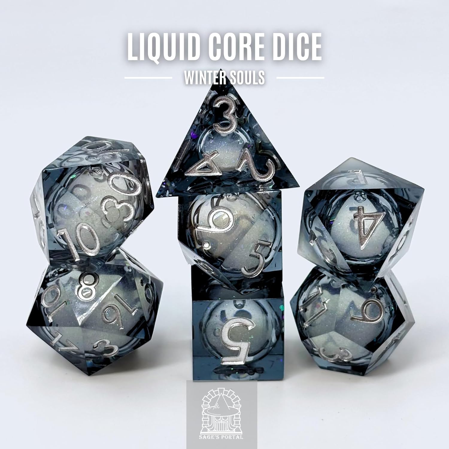 Sage's Portal Souls Liquid Core 7-PC Sharp Edge Resin Polyhedral DND Dice Set for Dungeons and Dragons Dice RPG Tabletop TTRPG (Winter Souls)