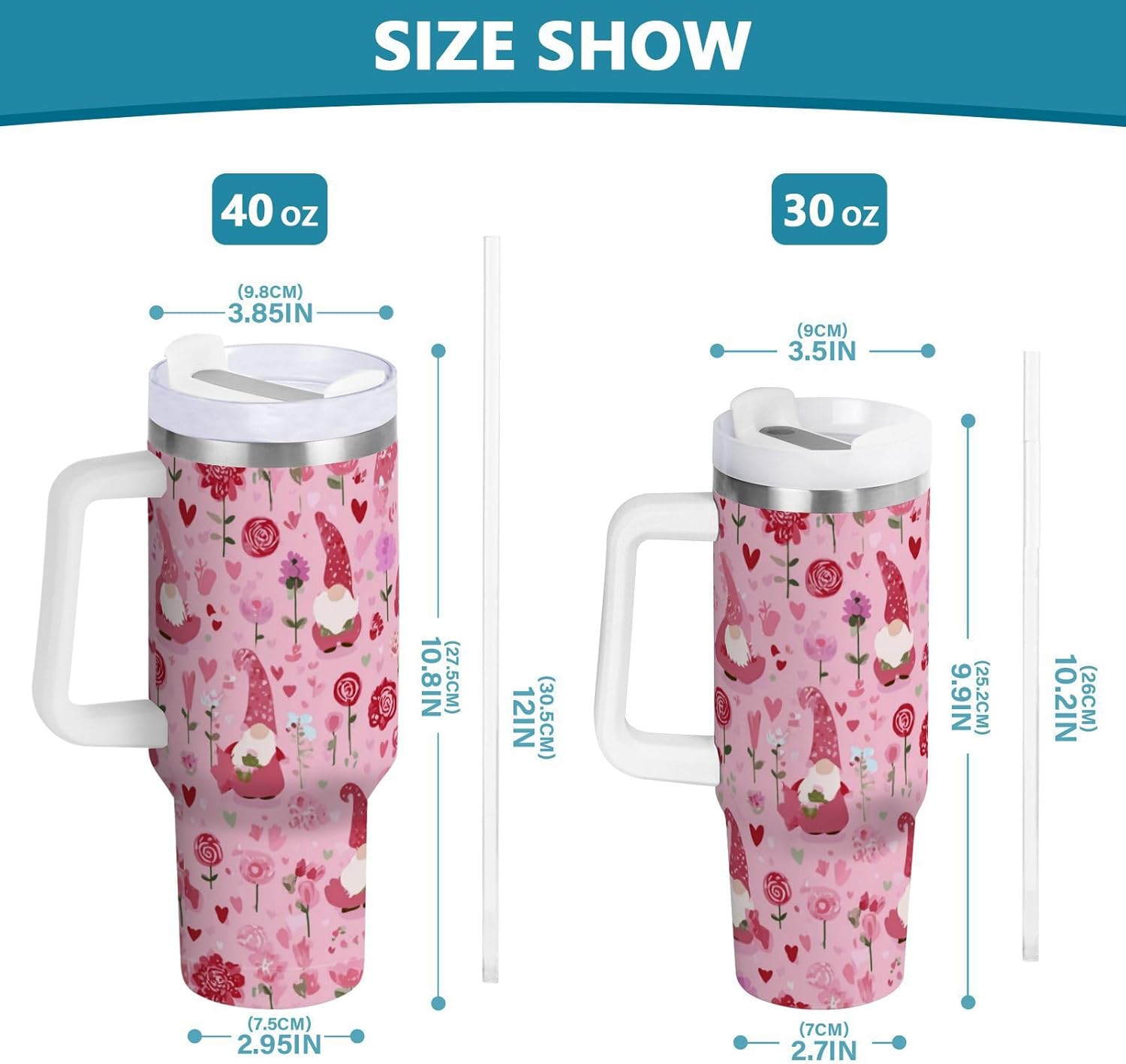 Boccsty Valentine's Day pink Gnome Hearts Insulated Tumblers Reusable Stainless Steel Tumbler 40 oz Cup Coffee Travel Mug Water Bottle with Handle & Flip Straw for Home Office Car