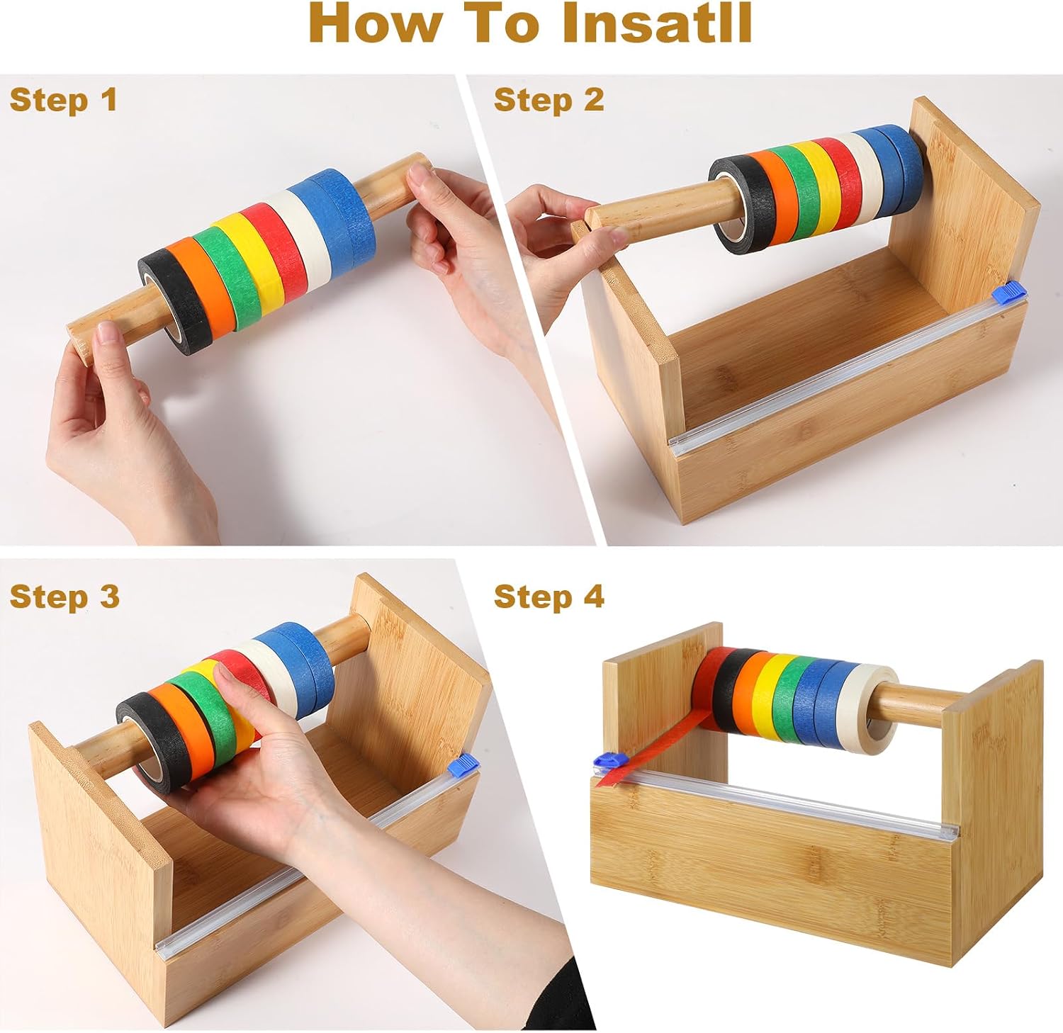 Wooden Multi-Roll Tape Dispenser with Acrylic Cutter, Wood Masking Tape Dispenser & Holder, 9.4" Craft Tapes Holder and Organizer Base for Kids Home Office School, with 16PCS Masking Tapes