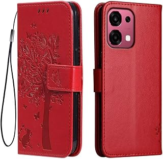 Topme Leder Tasche Hülle für Oppo A6 Pro 5G (6.57" Inches), [Katzen- Und Baummuster-Stil Handytasche] - Rot