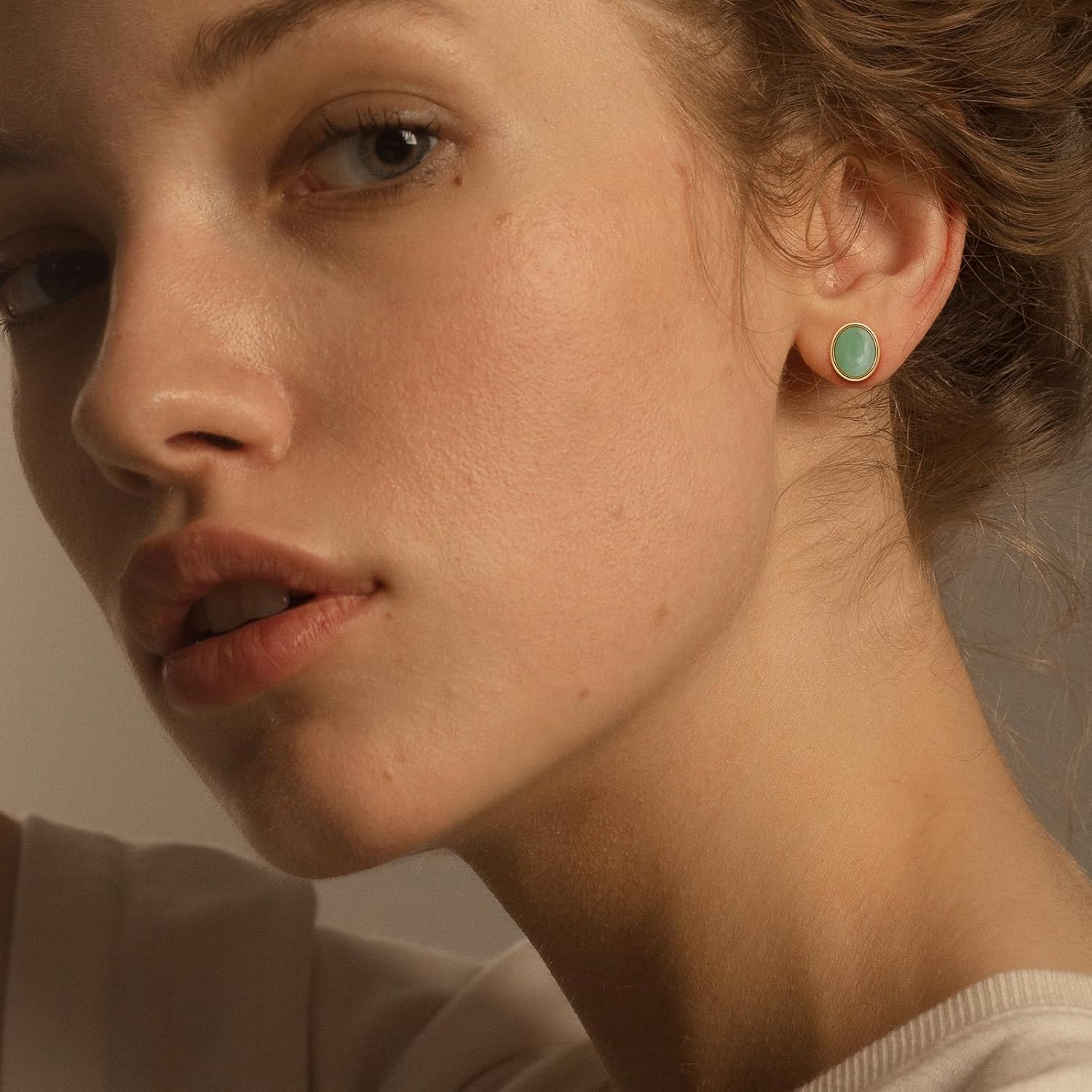 14K Gold Plated Edged Jade Stud Earrings Light Green Oval Jade Earrings for Women Jade Jewelry for Valentines Day Birthday Anniversary Gifts - Image 2