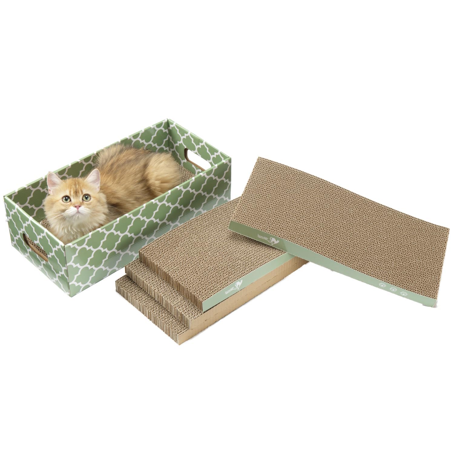 MECOOL Cat Scratching Board，5PC Cat Scratch Pad with Box，Reversible Corrugated Cat Scratcher Cardboard and Lounge Bed for Indoor Cats, Catnip