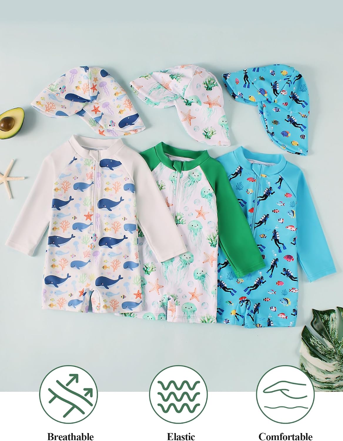 Baby Toddler One Piece Swimsuit Long Sleeve Stretchy Bathing Suit Sun Protection Zip Up Printed Swimwear 0-3T