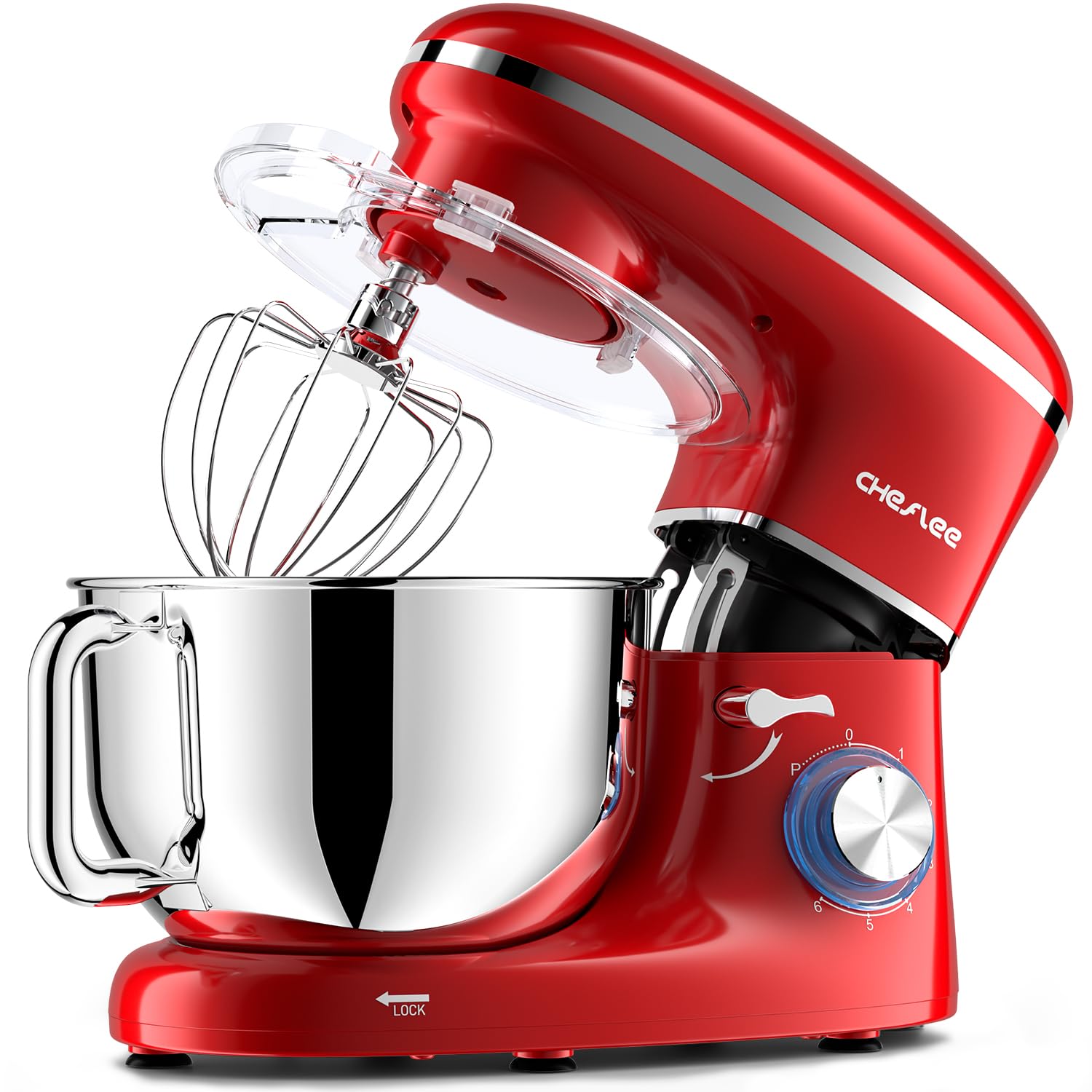 cheflee stand mixer,600w 6+p with 6.5qt stainless steel bowl,dough hook, wire whip & beater,for most home cooks,red