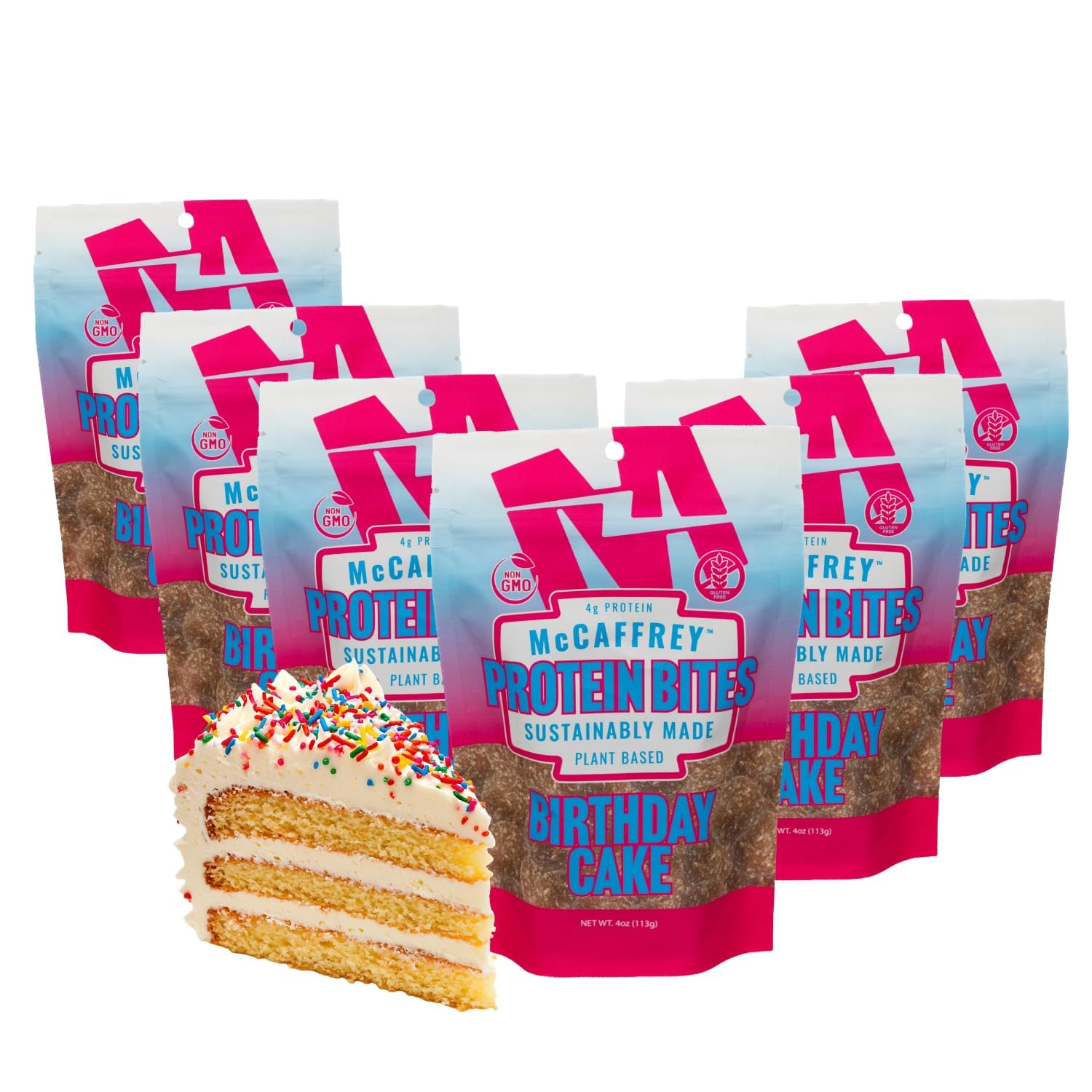 McCaffrey Protein Bites – Birthday Cake Flavor – 6 Multi-Serving 4oz Bags – 4g of Protein per Serving – Gluten-Free, Vegan, High Fiber Energy Snack for Active Families
