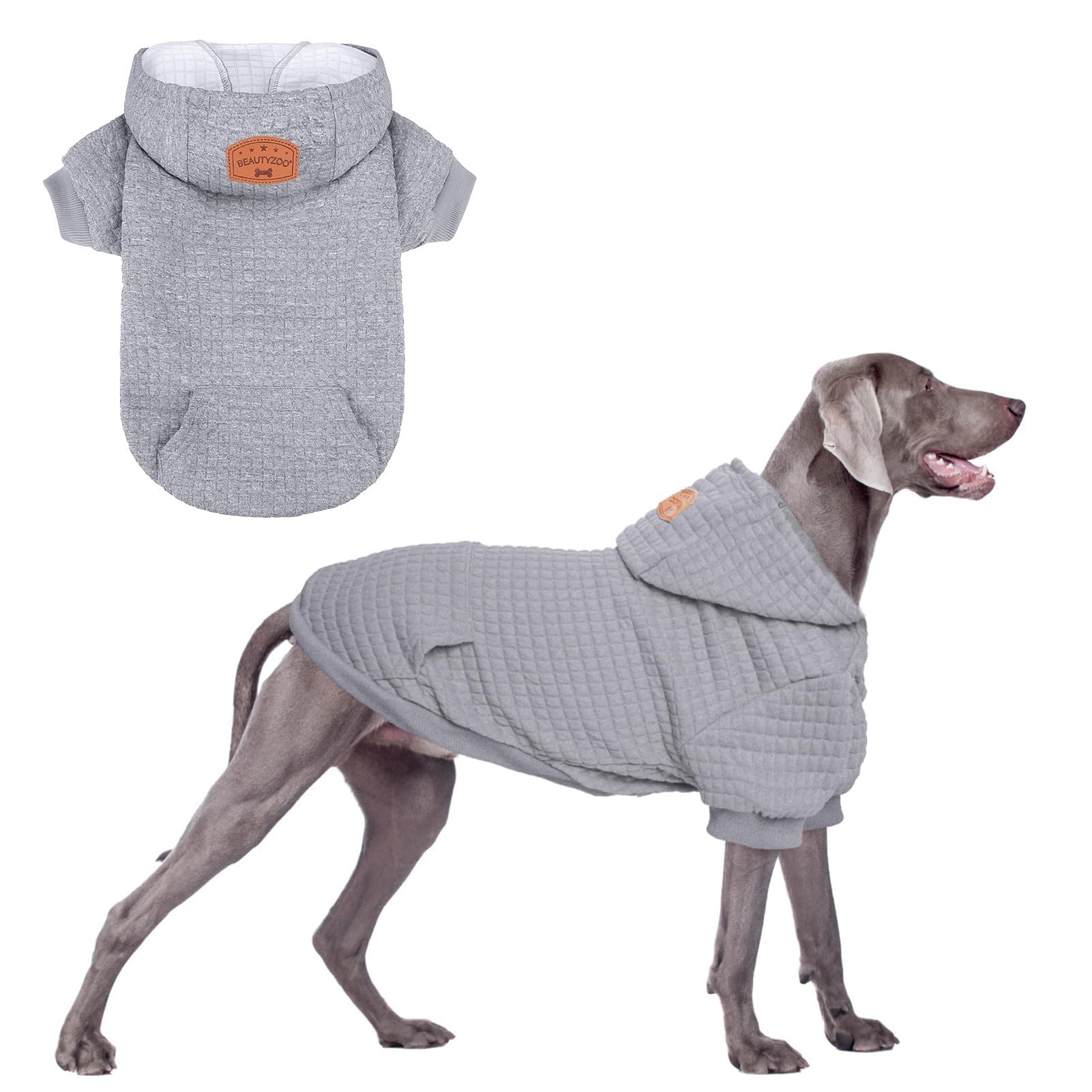 BEAUTYZOO Large Dog Hoodie Sweater with Pockets, Dog Clothes for Small Medium Dogs Boy Girl, Waffle-Like Laminated Cotton Pet Coats with Hat and Leash Hole, Grey 3XL