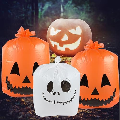 Miniatura 3 de Labeol Bolsas de hojas de calabaza de Halloween, 9 piezas de decoraciones de Halloween al aire libre, bolsas de césped de Halloween con lazos,