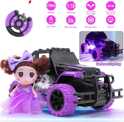 Miniatura 2 de wagkew Auto a control remoto para niñas, escala 118, coche RC rosa para niños de 4 a 7 a 8 a 12 años de edad, con muñeca y faros LED, camiones