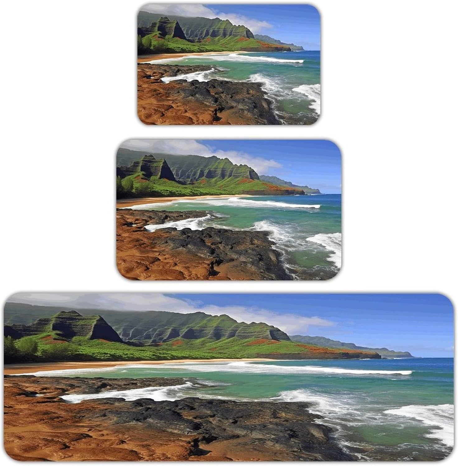 Kauai Hawaii Seashore Kitchen Rugs Sets of 3 Non Slip Kitchen Mats for Floor Farmhouse Kitchen Sink Mat Thick Comfort Standing Mat for Laundry Room Hallway Bathroom