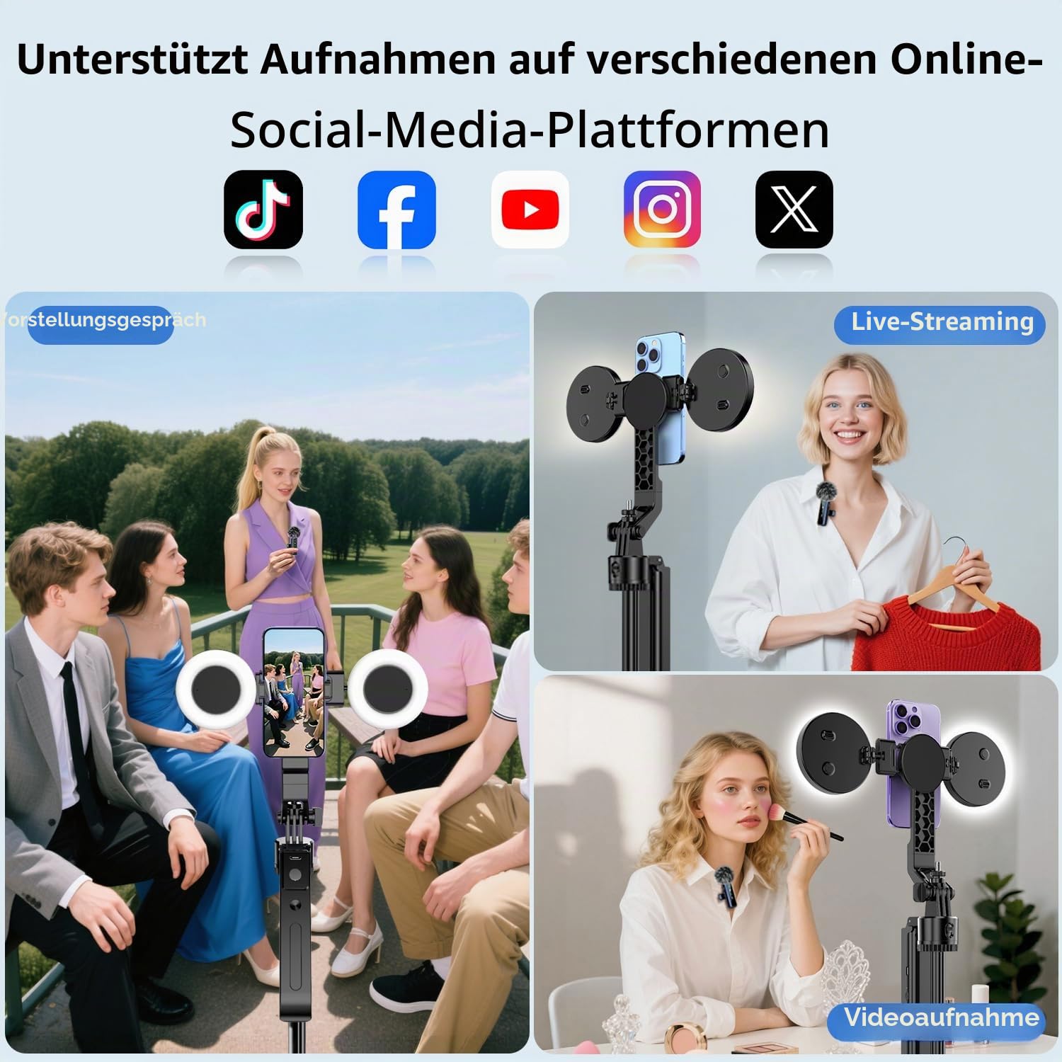 yAyusi Vlogging-Kit, YouTube-Starter-Kit, 180cm 360° Drehung Auto Face Tracking Handy Stativ für iPhone mit Licht, Kabellosem Mikrofon/Fernbedienung,Basic-Starter-Kit für Content-Ersteller für YouTube