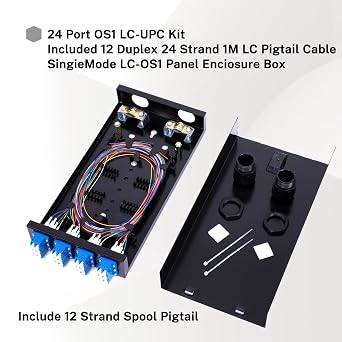 Duplex Fiber Enclosure with 24 Port LC-OS1 Box, LC-OS1 Cables, Wall Mount, Includes 1m SM Pigtail, 12 Port LGX Panel