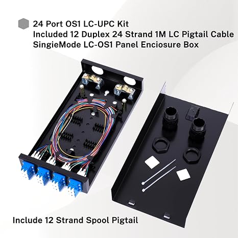 Duplex Fiber Enclosure with 24 Port LC-OS1 Box, LC-OS1 Cables, Wall Mount, Includes 1m SM Pigtail, 12 Port LGX Panel