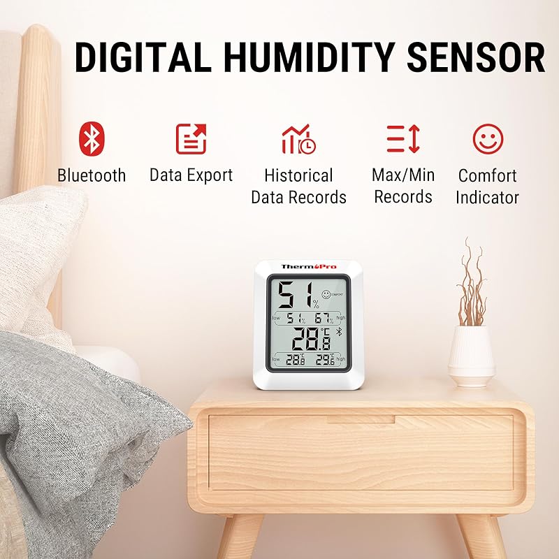 ThermoPro TP350 Bluetooth Hőmérő és Páratartalom Mérő 80m Hatótávval - Adatexportálás, Alkalmazásvezérlés Otthonhoz, Irodához, Borpincéhez