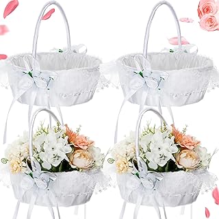 AceOrbit 4 Pcs Large Wedding Flower Baskets with Foldable Handle White Lace Satin Bowknot Flower Basket for Wedding Bride Ceremony Party Accessories
