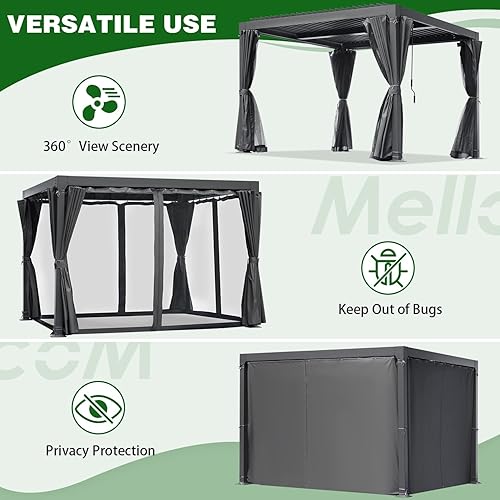 Miniatura 5 de MELLCOM Pérgola con listones de 10 x 12, pérgola de aluminio con techo de listones ajustables, pérgola pequeña para exteriores con cortinas y redes