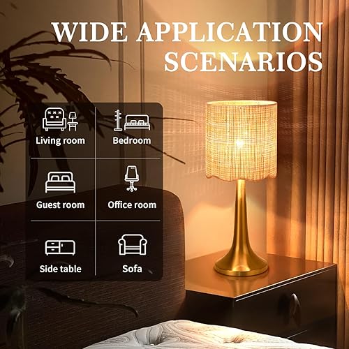 Miniatura 3 de Lámpara de mesa de ratán dorado para dormitorio, bonitas lámparas de mimbre de latón para mesita de noche, lámparas pequeñas con forma de mesa para