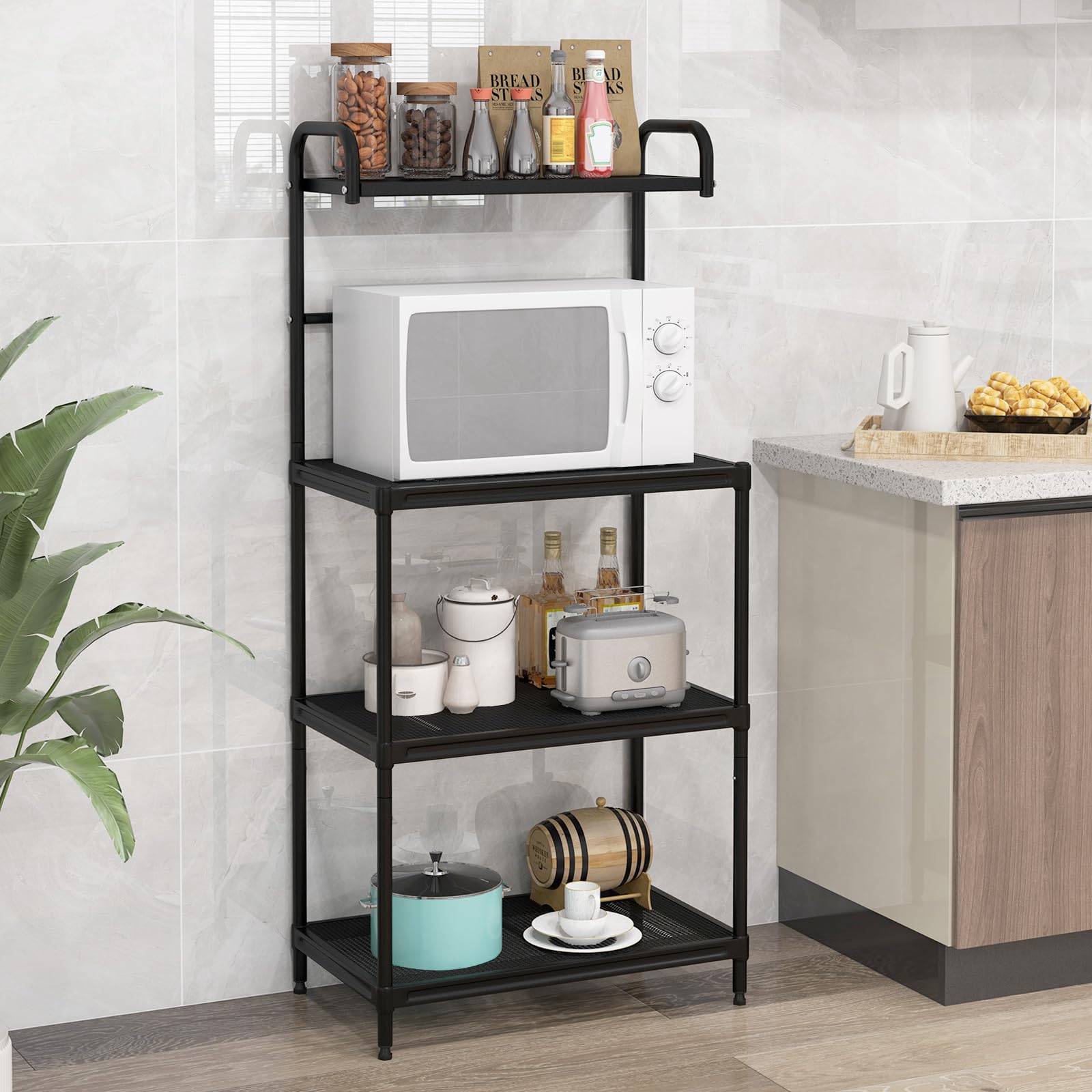 COSTWAY Microonde Scaffale da Cucina per Microonde in Metallo a 4 Ripiani, Carrello per Microonde Scaffalatura Organizzatore Portaoggetti, 60 x 34 x 136 cm (Nero)