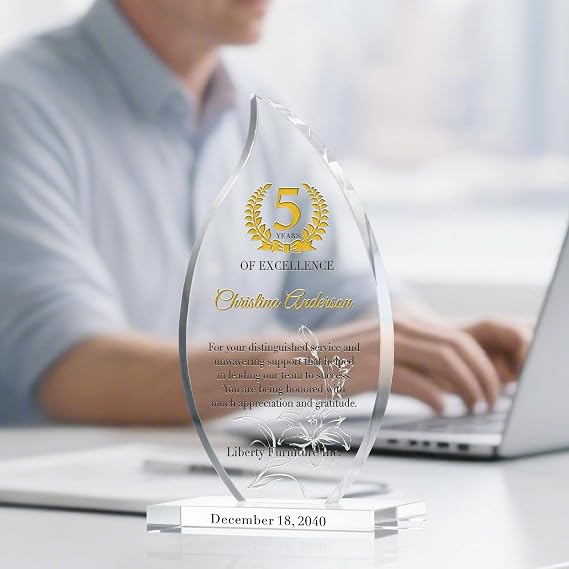 CPersonalized Crystal Flame Shaped Employee Recognition Award Custom Engraved Corporate Service Trophy with Name & Date for 5, 10, 15, 20+ Year Milestones (M - 7.5)