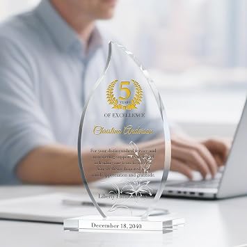 CPersonalized Crystal Flame Shaped Employee Recognition Award Custom Engraved Corporate Service Trophy with Name & Date for 5, 10, 15, 20+ Year Milestones (M - 7.5)