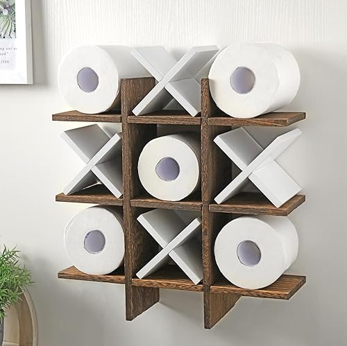 Miniatura 13 de Weysat Soporte de Papel Higiénico Tic Tac Toe Decoración de Pared de Baño Almacenamiento Colgante de Madera Rústica Estantes Independientes Montados