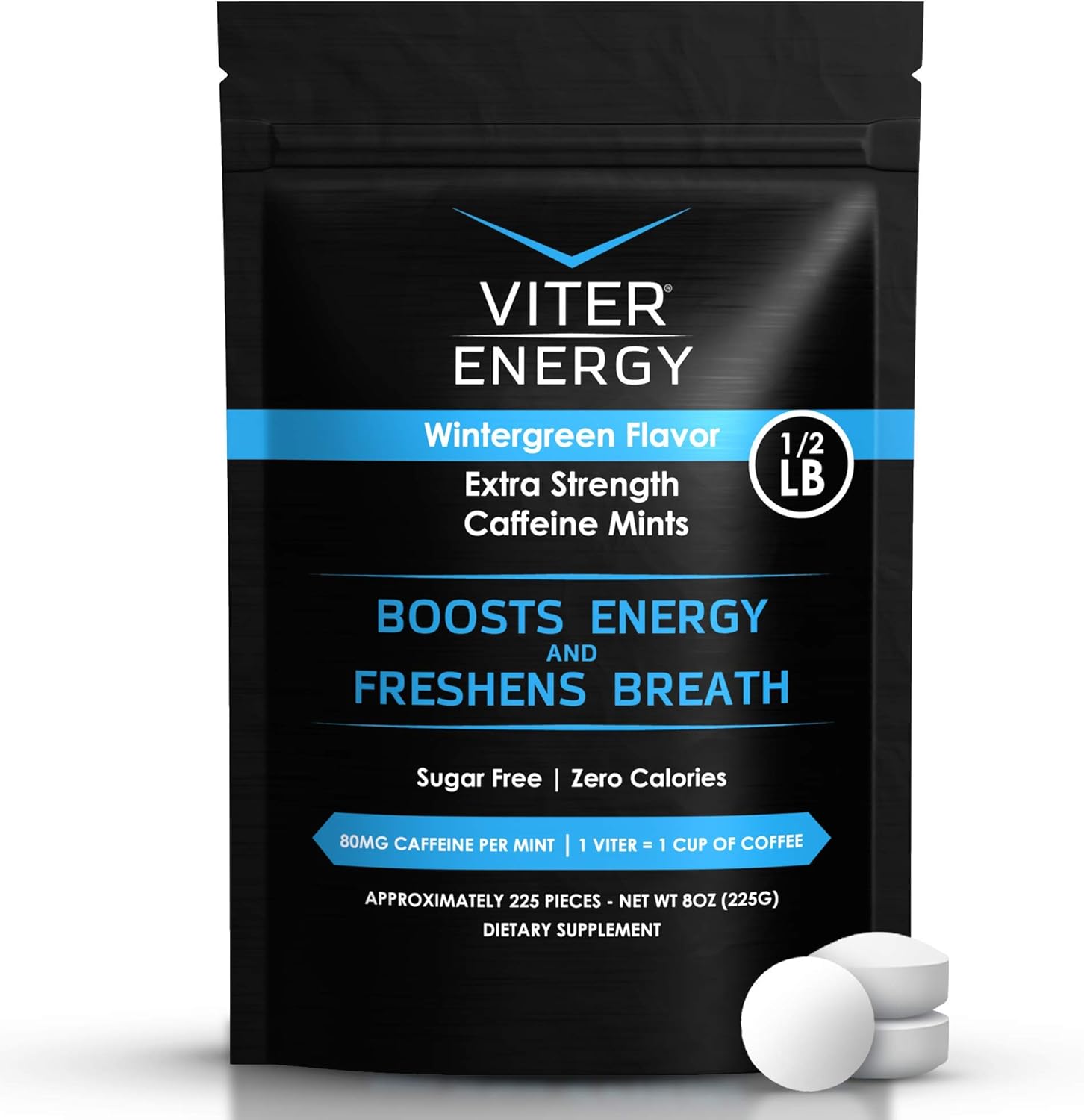 Viter Energy Extra Strength Caffeinated Mints 80mg Caffeine, B Vitamins, Sugar Free. (Wintergreen, 8oz, Bulk Bag)